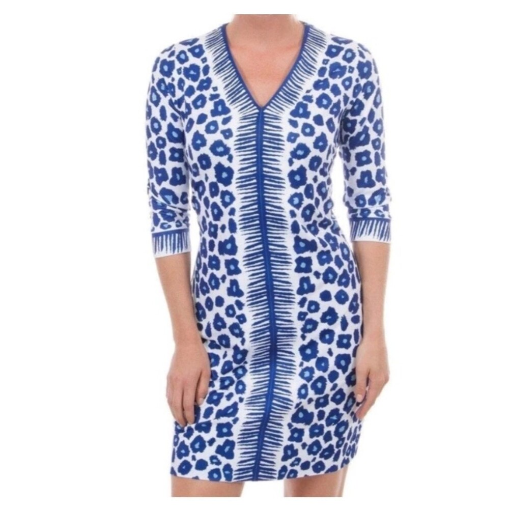 Gretchen Scott Bordertown V-neck Dress in Wildcat Blue Leopard Print Size S